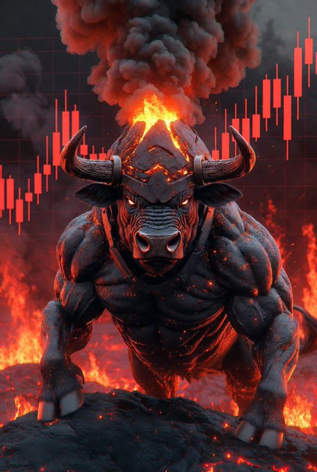 A fiery, muscular bull with glowing horns and lava-like cracks charges forward through flames and smoke, set against a backdrop of a candlestick chart showing an upward price trend. The image visually reinforces the post's bullish call for Bitcoin to bounce back toward the 66-67K line.