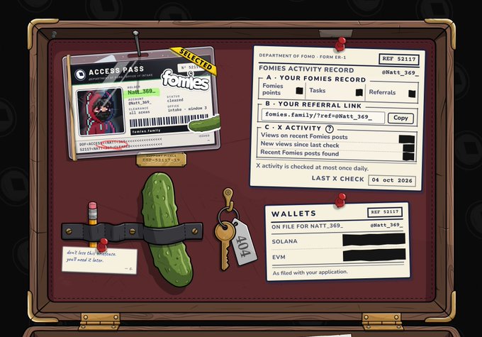 A digital dashboard interface for the 'Fomies' platform, displaying an 'Access Pass', an 'Activity Record' for user @Natt_369_, and 'Wallets' for Solana and EVM.