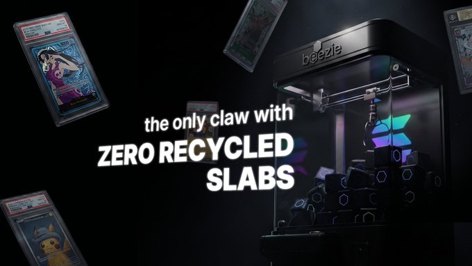 Advertisement for a "beezlle" claw machine, described as "the only claw with ZERO RECYCLED SLABS," featuring Pokémon trading cards like Pikachu around a black arcade cabinet.