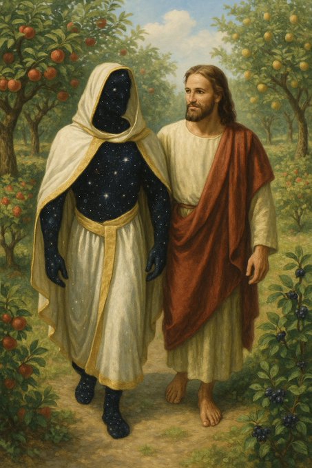 An artistic painting depicting Jesus walking alongside a hooded cosmic figure whose body is filled with stars and galaxies, set in a garden with apple and citrus trees.