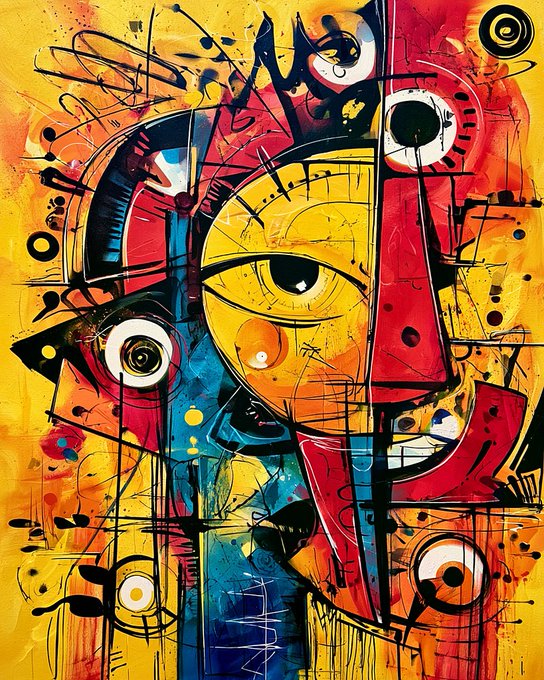 An abstract cubist painting in vivid yellow, red, and blue tones, featuring fragmented facial features, multiple eyes, and chaotic brushstrokes reminiscent of Picasso.