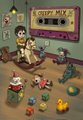 A pixel art game scene displays "GAME OVER" on a yellow sign, with characters scattered around a coin-strewn room, fitting the post announcing the end of a one-day Matrix Mix NFT drop on Objkt.com.