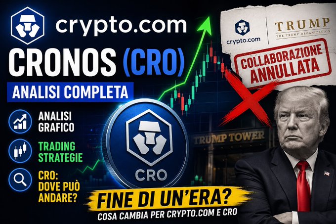 This appears to be a YouTube thumbnail in Italian about Crypto.com's Cronos (CRO) token analysis. The image features the Crypto.com logo, the CRO coin symbol, a green upward-pointing arrow on a price chart, and a photo of Donald Trump with a stamp reading "Collaborazione Annullata" (Collaboration Cancelled) alongside the text "TRUMP" and "TRUMP TOWER" in the background. Additional Italian text promotes the video as a "complete analysis" covering chart analysis, trading strategies, and the question of "End of an Era? What changes for Crypto.com and CRO."