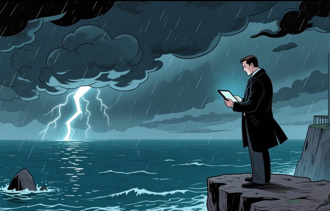 Cartoon illustration of a man in a black coat holding a tablet while standing on a cliff overlooking a stormy sea with lightning.