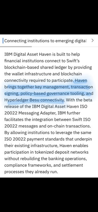 An informational text panel titled 'Connecting institutions to emerging digital' explains that IBM Digital Asset Haven is built to help financial institutions connect to Swift's blockchain-based shared ledger, with highlighted text reading 'Haven brings together key management, transaction signing, policy-based governance tooling, and Hyperledger Besu connectivity.'