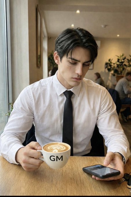 A young man in a white dress shirt and black tie sits at a wooden table in a cafe, holding a 'GM' latte while looking at his smartphone.
