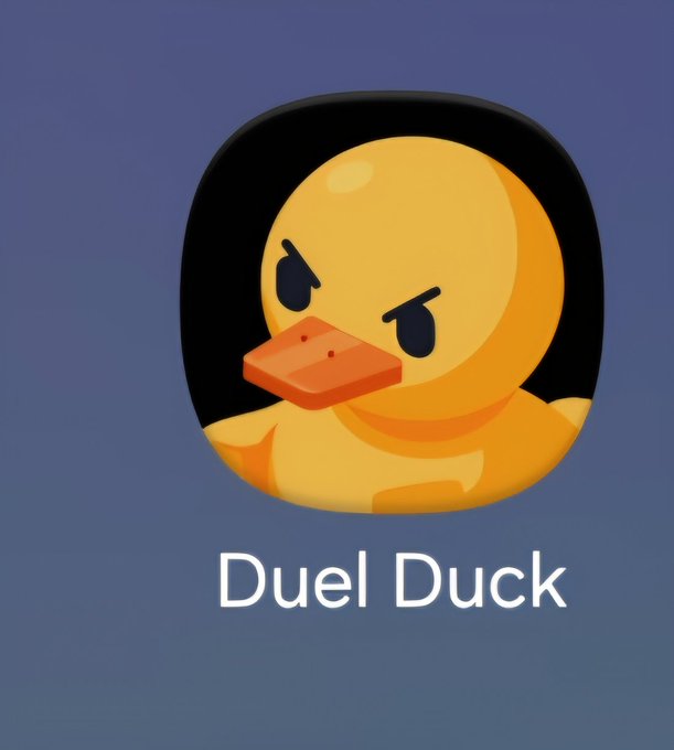 An app icon featuring a stylized yellow rubber duck with an angry expression wearing a black hood, labeled 'Duel Duck' on a blue gradient background.