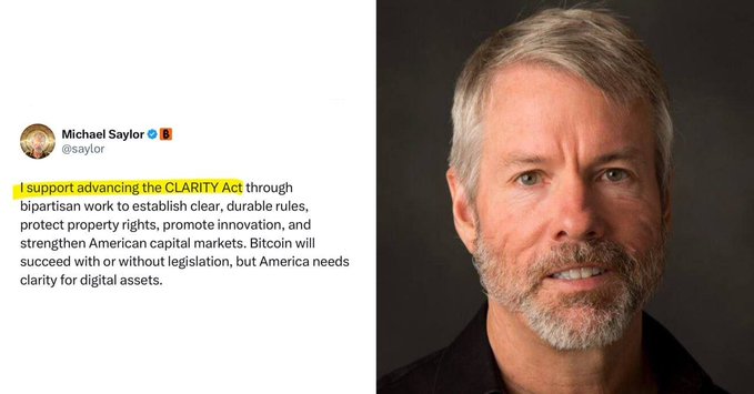A screenshot of a tweet from Michael Saylor (@saylor) on the left, with a professional headshot of a gray-bearded man on the right, accompanying a post highlighting Saylor's endorsement of advancing the CLARITY Act.
