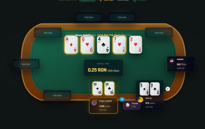 A poker game interface showing community cards (A♦, Q♥, 4♠, 7♥, 2♥), a total pot of 0.25 RON, and player stats including Player_delsi10, Thraw, Herozie, and Anik4ikr.