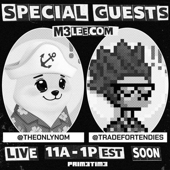 The image is a black-and-white promotional graphic for a live stream, with bold text reading "SPECIAL GUESTS," "M3LEE.COM," and "LIVE 11A-1P EST SOON" at the top and bottom. Two cartoon-style characters are featured in oval frames—a dog-like figure in a Hawaiian shirt and captain's hat labeled "@THEONLYNOM," and a pixelated skeleton-like character with sunglasses labeled "@TRADEFORTENDIES," with "PRIME3TIME" at the bottom. The graphic supports the post by visually announcing these two "BONK bosses" as upcoming live guests during the stated broadcast window.
