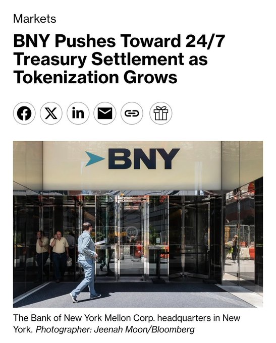 The image shows a news article headline "BNY Pushes Toward 24/7 Treasury Settlement as Tokenization Grows" above a photograph of the Bank of New York Mellon Corp. headquarters entrance in New York, with people entering and exiting through the glass doors beneath the BNY logo. The image visually anchors the post's message about the $62.6 trillion custody giant advocating for around-the-clock Treasury settlement, with the bank itself pictured as the driver behind this push toward eliminating weekday-only settlement constraints.