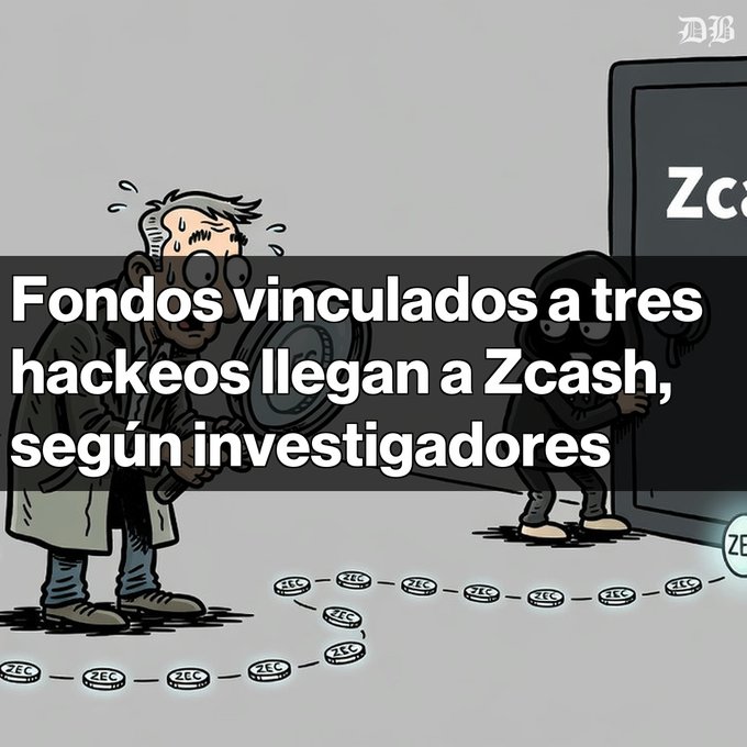 A cartoon illustration with the headline 'Fondos vinculados a tres hackeos llegan a Zcash, según investigadores' (Funds linked to three hacks reach Zcash, according to investigators), depicting a detective with a magnifying glass examining a trail of 'ZEC' tokens leading to a shadowy figure.