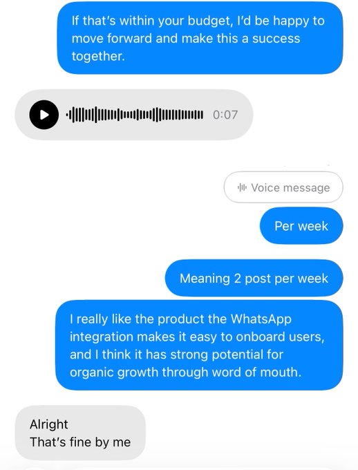 A text message conversation showing negotiations about payment terms including a voice message, with messages about '2 post per week' and 'WhatsApp integration.'
