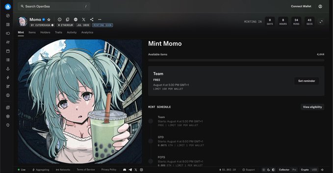 OpenSea webpage showing a 'Mint Momo' NFT collection with a minting schedule, available items (4,444), and team wallet details including a Farcaster account.
