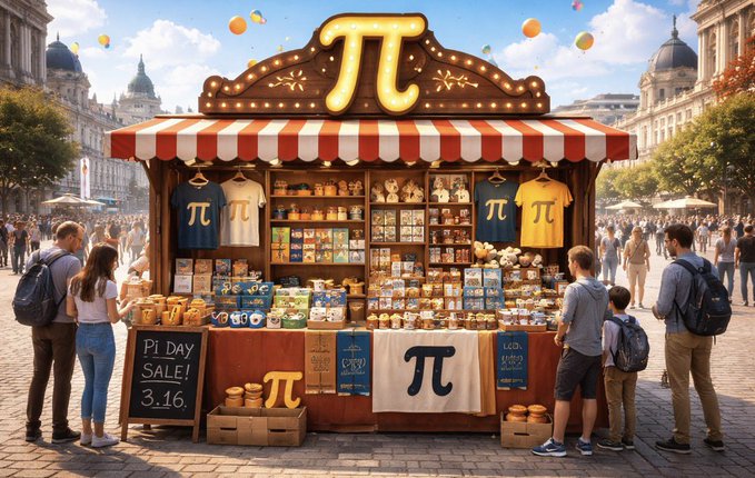 A festive market stall is decorated with a large lit-up pi (π) symbol and sells various pi-themed merchandise, with a chalkboard reading 'Pi Day SALE! 3.14' on the left.