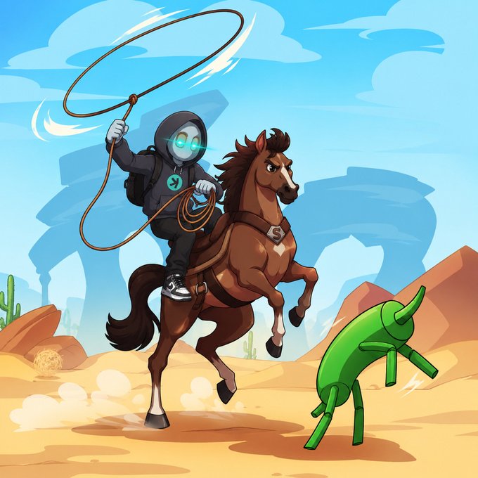 A hooded cowboy with glowing goggles lassos a charging green cactus-creature while riding a rearing brown horse through a desert. The scene playfully illustrates the "$KAS army eating good today," depicting a futuristic crypto frontiersman wrangling the elusive KAS token as a spirited adversary.