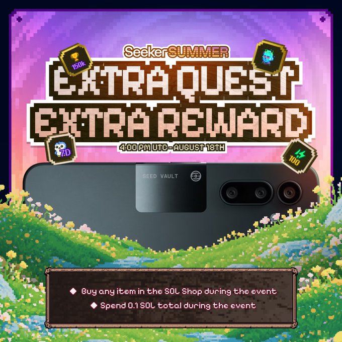 A pixel-art promotional graphic for "Seeker SUMMER" announces "EXTRA QUEST EXTRA REWARD" with a deadline of 4:00 PM UTC - August 18th, showcasing a smartphone displaying a "SEED VAULT" app alongside icons for a 150K trophy, a profile avatar, 7Q, and 100 Energy. The bottom banner details the quest requirements: "Buy any item in the SOL Shop during the event" and "Spend 0.1 SOL total during the event," visually supporting the post's announcement of new Seeker Qu