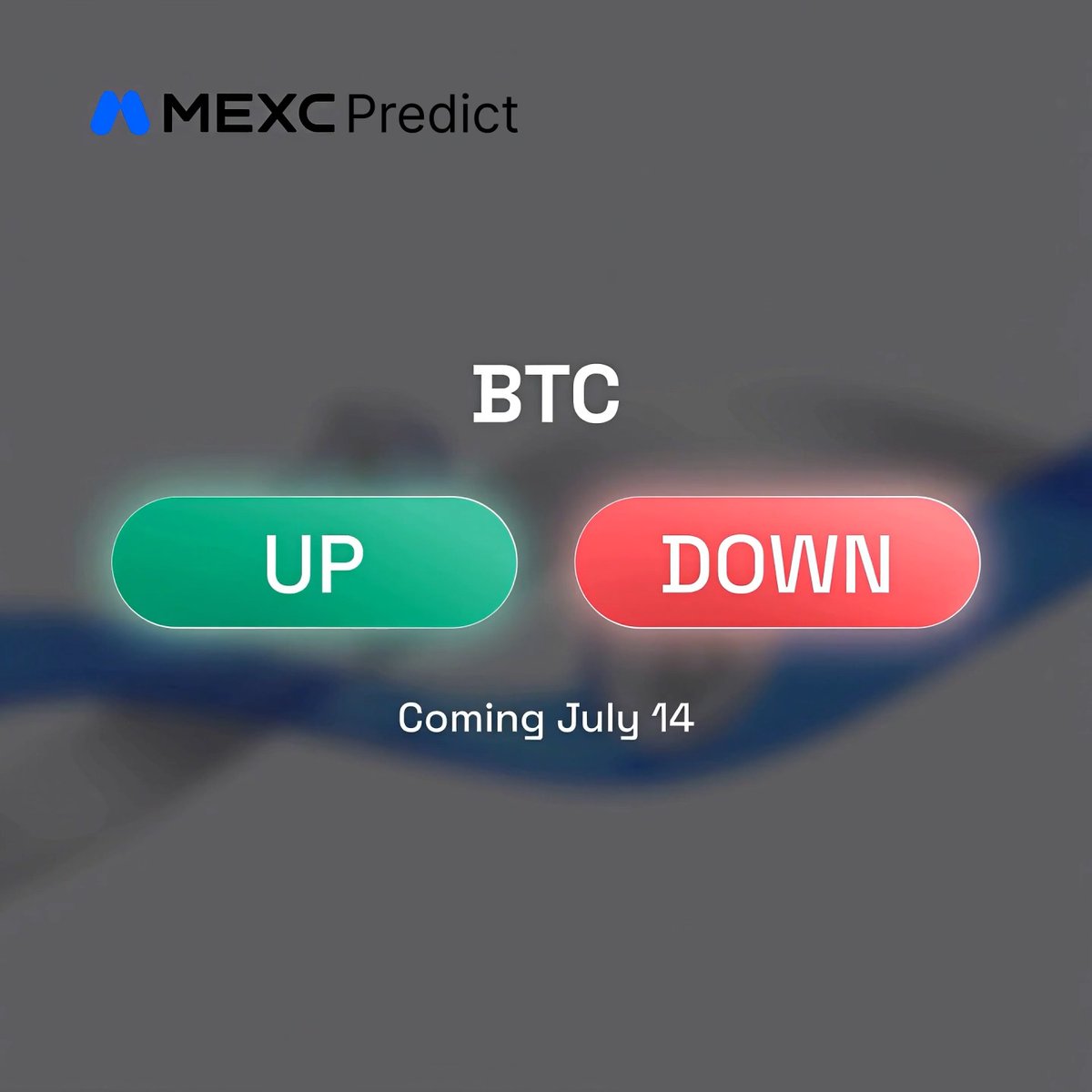 The image is a promotional teaser for "MEXC Predict," featuring a glowing green "UP" and red "DOWN" button beneath the text "BTC," with "Coming July 14" announced below—directly tying into the post's message about a new feature for predicting short-term crypto price movements.