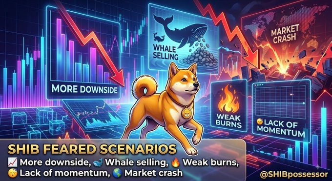 A meme-style graphic featuring a Shiba Inu dog surrounded by bearish market indicators, titled "SHIB FEARED SCENARIOS" with captions "More downside," "Whale selling," "Weak burns," "Lack of momentum," and "Market crash," watermarked @SHIBpossesor.