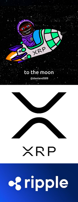 The image features a cartoon rocket ship with "XRP" written on it flying "to the moon" (@daoland589), alongside the XRP and Ripple logos. This relates to the post by noting that XRP is one of the five assets listed in MOEX's new perpetual futures market, with the image highlighting XRP as a notable asset included in the exchange's offerings.