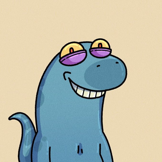 The image features a cartoon character of a blue dinosaur wearing sunglasses and a purple hat. The dinosaur has big, happy eyes and a wide smile, giving off a cheerful vibe. The background color appears to be brown or tan, which contrasts with the vibrant colors of the dinosaur's outfit. There is also text in the image that reads "Since I received 2 @lacertianseth as a gift I want to share one with my subscriber Hey @bigmeek120".