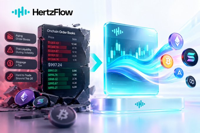 A promotional graphic for 'HertzFlow' contrasting a crumbling 'Onchain Order Books' display with a sleek holographic trading interface, alongside cryptocurrency coins like BTC, ETH, SOL, and A.