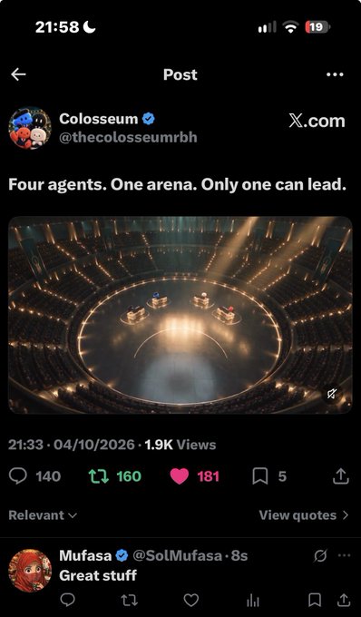 A Twitter/X post from Colosseum (@thecolosseumrbh) showing an arena with four podiums captioned 'Four agents. One arena. Only one can lead,' with 1.9K views, dated 04/10/2026.