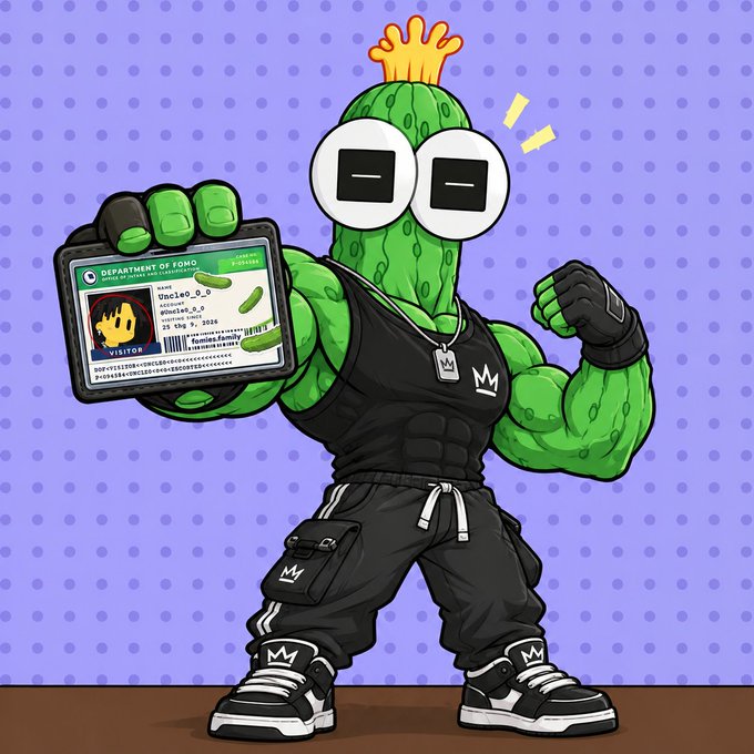 An illustrated cartoon character featuring a green cucumber-like body with googly eyes, a gold crown, and muscular arms, wearing a black tank top with a crown logo, black cargo pants with a crown fanny pack, and holding up a 'Department of Fomo' visitor ID card.