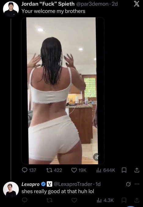 A screenshot of an X post by Jordan 'Fuck' Spieth (@par3demon) showing a video of a woman in white, with a quote-tweet reply from Lexapro (@LexaproTrader) reading 'shes really good at that huh lol'.