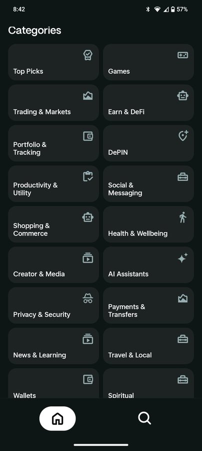A screenshot of the Solana dApp Store showing the "Categories" page, featuring a grid of expandable category tiles including Top Picks, Games, Trading & Markets, Earn & DeFi, Portfolio & Tracking, DePIN, and many more. The variety of categories visually reinforces the message that the Seeker dApp Store is rapidly expanding as builders continue to ship new applications.