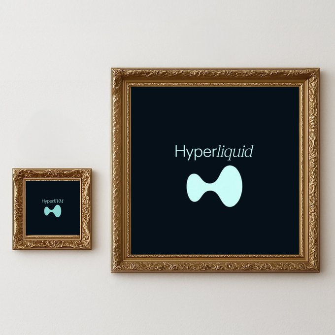 Two ornate gold-framed pictures on a white wall display the 'Hyperliquid' logo (one labeled 'HyperEVM'), featuring the platform's signature cyan droplet/infinity symbol on a black background.
