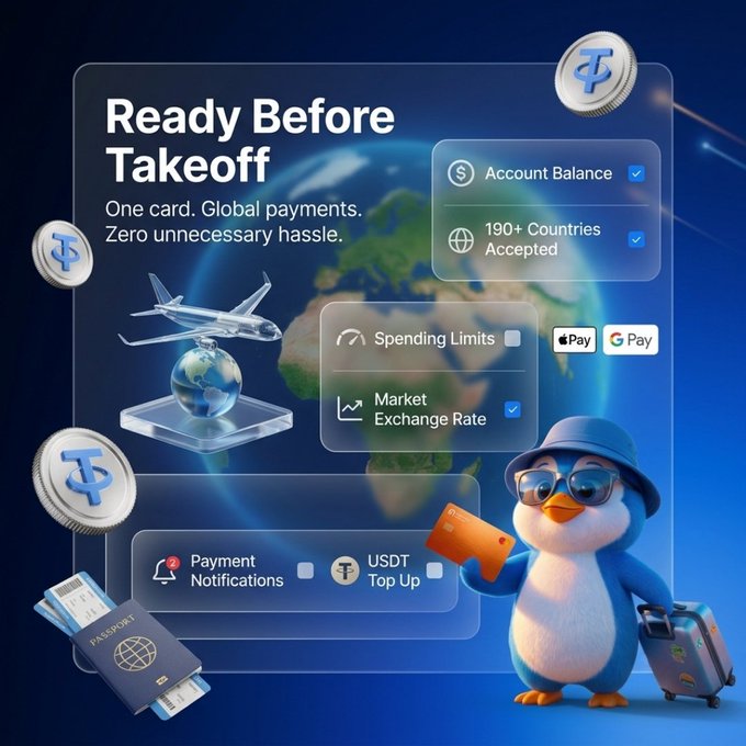 A promotional graphic for a payment card service titled 'Ready Before Takeoff' featuring a cartoon penguin with luggage, an airplane, and global currency symbols.