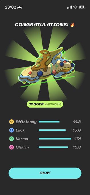 A 'CONGRATULATIONS!' screen showing a Jogger sneaker NFT #471742148 with stats: Efficiency 11.3, Luck 15.0, Karma 17.1, and Charm 16.3, with an 'OKAY' button.