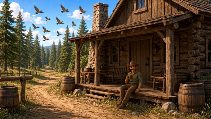A pixel-art style illustration of a man in a cowboy hat sitting on the porch of a rustic log cabin in a forest, with birds flying overhead and wooden barrels nearby.