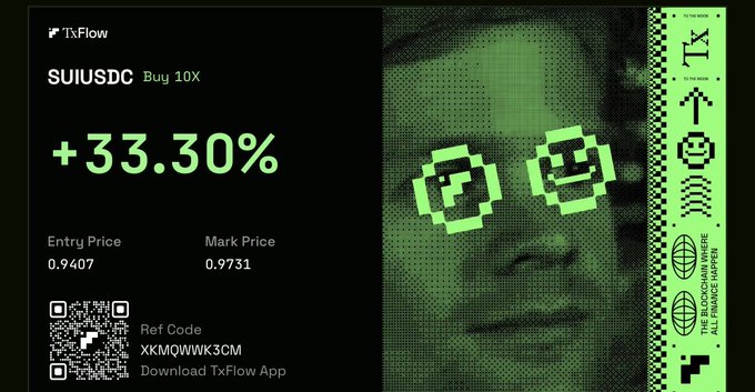 A promotional graphic for TxFlow showing a +33.30% gain on SUIUSDC (entry 0.9407, mark 0.9733) with a green-tinted stylized portrait and a ref code 'XKMQWXK3CM' for downloading the app.
