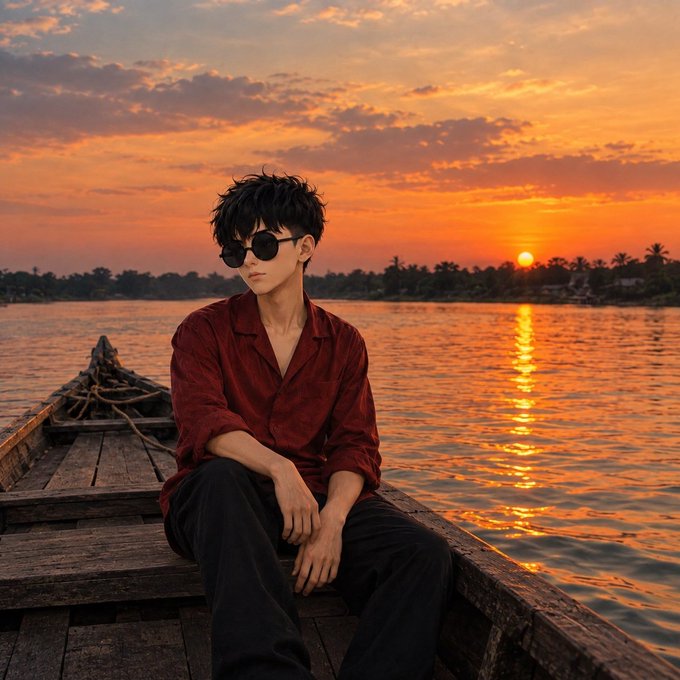 A young man wearing a dark red button-up shirt and sunglasses sits on the bow of a wooden boat, gazing off to the side against a backdrop of a vibrant orange sunset over a calm body of water.