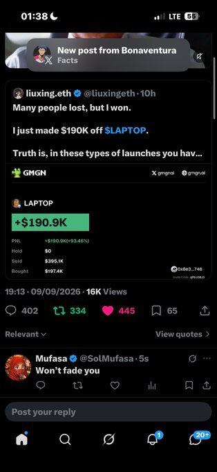 Mobile screenshot of a Twitter/X post from @liuxingeth stating 'Many people lost, but I won. I just made $190K off $LAPTOP', showing $190.9K gains with trading details for the token LAPTOP.