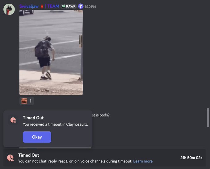 A Discord screenshot showing a channel named '🔊TEAM 🔴RAWR' with a video of a person on a skateboard, alongside 'Timed Out' notifications indicating a user received a timeout in 'Claynosaurz' and cannot chat for 21h 50m 02s.