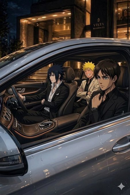 An anime-style illustration of three characters in suits sitting inside a silver car at night, parked outside a building labeled 'VISTA RESIDENCES'.
