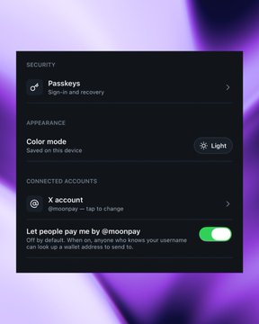 An X (formerly Twitter) account settings menu displayed over a purple background, showing sign-in and recovery options for Passkeys, Color mode set to Light, the connected X account @moongpay, and a toggle for 'Let people pay me by @moongpay' which is enabled.