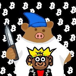 A cartoon bear wearing a blue beanie and white shirt holds a knife, standing in front of a Bitcoin-patterned background, with a small cartoon dog wearing a Basquiat-style crown below.