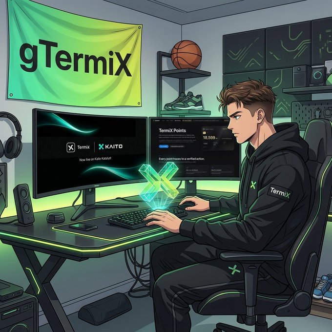 An illustrated scene of a young man in a black 'TermiX' hoodie sitting at a dual-monitor gaming setup; the monitors display 'Termix Points 18,599', 'Termix', 'KAITO', and 'Now live on Kaito Kaitolyt', with a 'gTermix' banner and sneakers on display behind him.