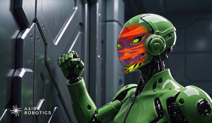 A green humanoid robot with the face of the red-haired, green-eyed character from Image 5, branded with the 'AXIS ROBOTICS' logo.