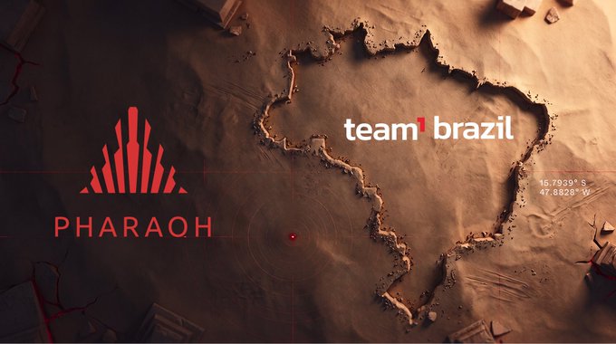 The image displays a stylized map of Brazil outlined in sand with coordinates 15.7939° S, 47.8828° W, alongside the "team1brazil" logo and a "PHARAOH" logo featuring red pyramid-like bars. It ties into the post by representing one of Avalanche's largest communities, Team1Brazil, as the focal point of an upcoming week-long series.