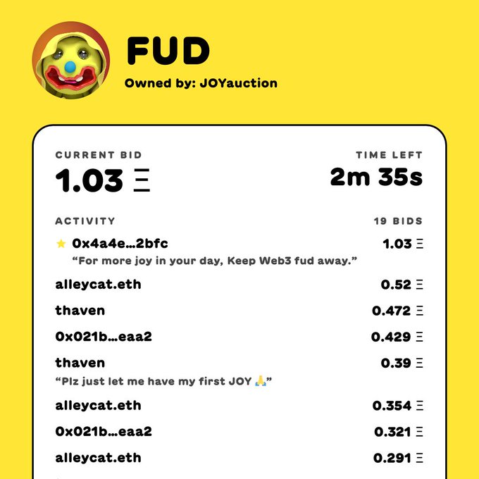 An auction page for "FUD" NFT (owned by JOYauction) shows a current bid of 1.03 ETH with 2m 35s remaining and 19 total bids, led by 0x4a4e...2bfc with the message "For more joy in your day, Keep Web3 fud away." The image supports the post's excitement about the 19 bids at 1.03 ETH, suggesting strong demand to "bid NOW" before time runs out.