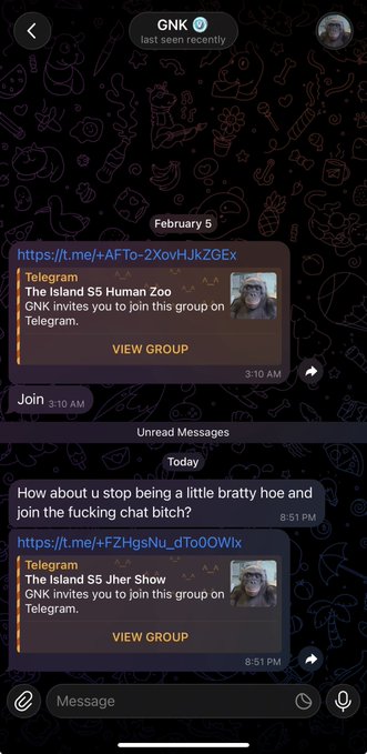A Telegram chat screenshot from user 'GNK' with a dark patterned background, showing group invitations to 'The Island S5 Human Zoo' and 'The Island S5 Jher Show' Telegram groups, along with a message reading 'How about u stop being a little bratty hoe and join the fucking chat bitch?'