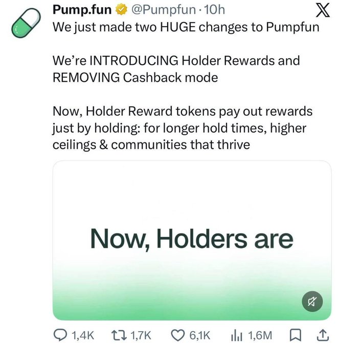 A screenshot of a tweet from Pump.fun (@Pumpfun) announcing two major changes: the introduction of Holder Rewards and the removal of Cashback mode, with text stating 'Now, Holders are' and 1.6M views.