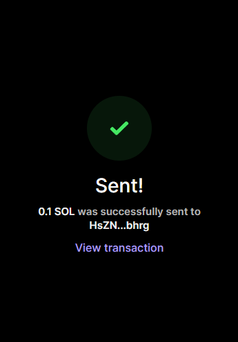 The image displays a screenshot of an alert screen for sending cryptocurrency, specifically focusing on the message "SENT!". The screen presents an approval or success message, indicating that the sender's cryptocurrency has been successfully sent, also shown with a green checkmark. Below this information, there is a link to the Ethereum blockchain.