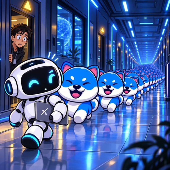 An animated illustration shows a white robot with glowing blue eyes leading a long procession of happy blue cartoon cats down a neon-lit futuristic corridor, while a person watches in surprise from a doorway.