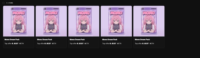 Five identical "Mizno Dream Pack" digital card listings displayed on a dark background, each priced at "Top offer 0.0197 NEAR" with a "5 ITEMS" counter.